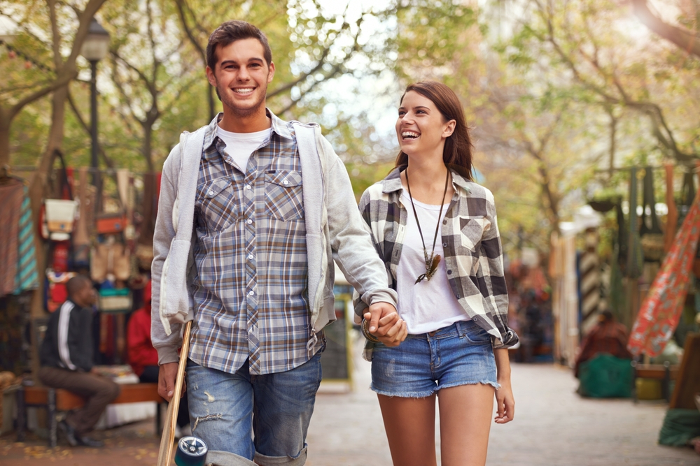 Smile,,Walking,And,Couple,Holding,Hands,On,City,Journey,,Morning